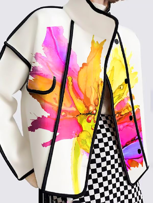UOOZEE Women's Watercolor Floral Print Jacket Stand Collar Casual Loose Fit Fall Winter Coats Outerwear with Contrast Trim - Image 3