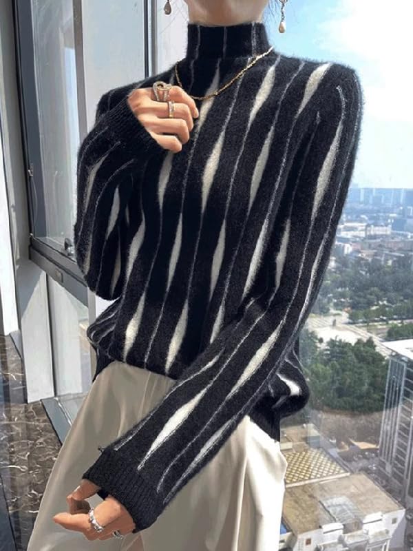 UOOZEE Women's Wave Striped Turtleneck Pullover Sweater Fuzzy Chunky Knit Soft Winter Fall Tops Casual Wear - Image 3