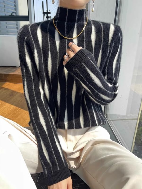 UOOZEE Women's Wave Striped Turtleneck Pullover Sweater Fuzzy Chunky Knit Soft Winter Fall Tops Casual Wear - Image 4