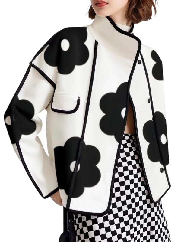 UOOZEE Women's White Jacket with Black Floral Print Trim Casual Loose Fit Coats Stand Collar Long Sleeve Outerwear