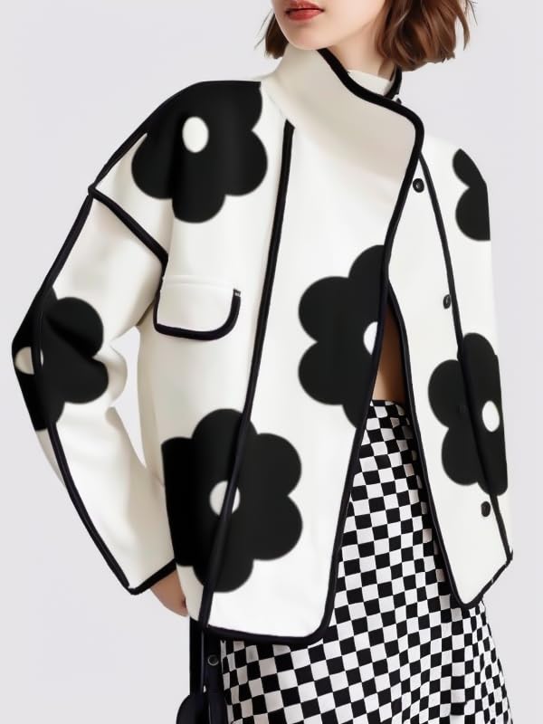 UOOZEE Women's White Jacket with Black Floral Print Trim Casual Loose Fit Coats Stand Collar Long Sleeve Outerwear - Image 2