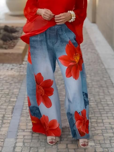 UOOZEE Women's Wide Leg Baggy Pants Floral Elastic High Waist Loose Boyfriends Trousers with Pockets - Image 3