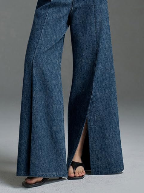 UOOZEE Women's Wide Leg Denim Pants Elastic High Waisted Split Hem Flared Jeans with Pockets - Image 4