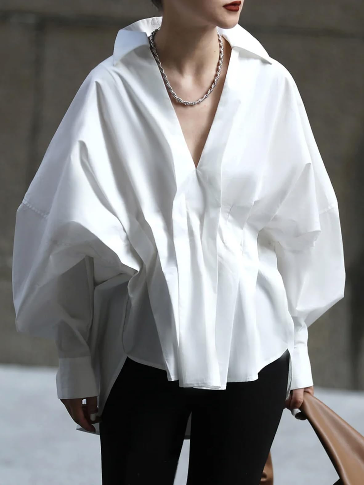 UOOZEE Womens Blouses Fashion Smocked Long Sleeve V Neck Casual Shirts Tops - Image 2
