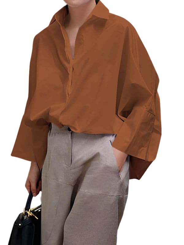 UOOZEE Womens Button Down Shirt Casual 3/4 Sleeve Loose Fit Collared Work Blouse Tops