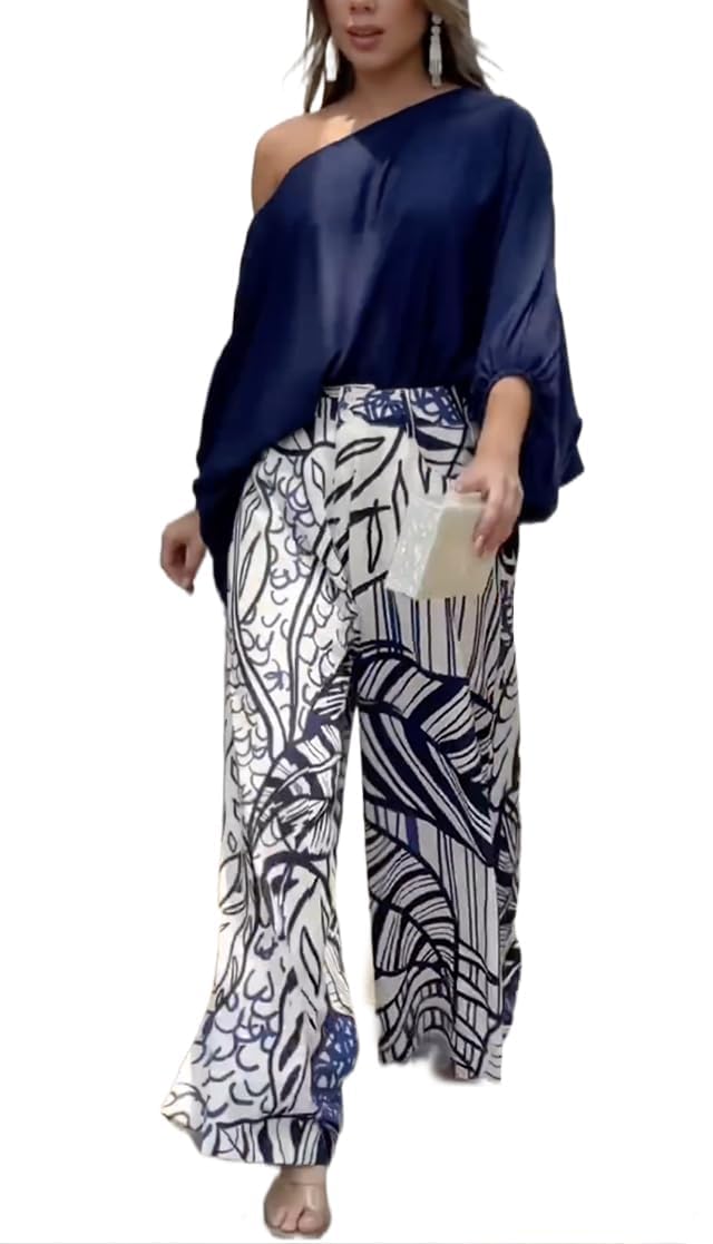 UOOZEE Womens Two Piece Outfits Summer Fashion One Shoulder Neck Loose Fit Tops and Wide Leg Pants Suit Matching Sets
