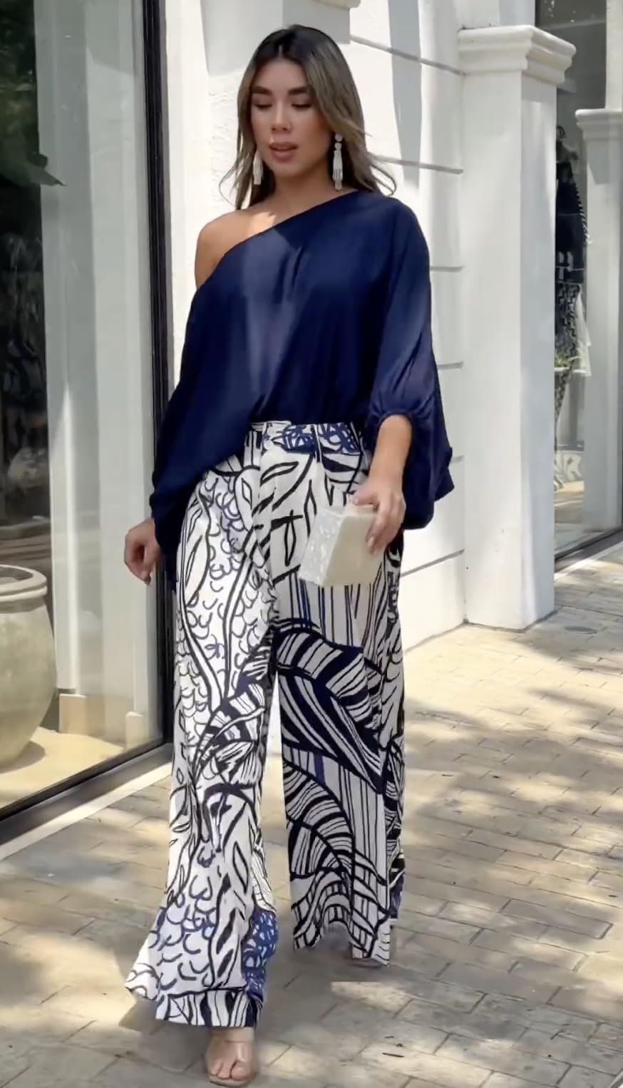 UOOZEE Womens Two Piece Outfits Summer Fashion One Shoulder Neck Loose Fit Tops and Wide Leg Pants Suit Matching Sets - Image 3